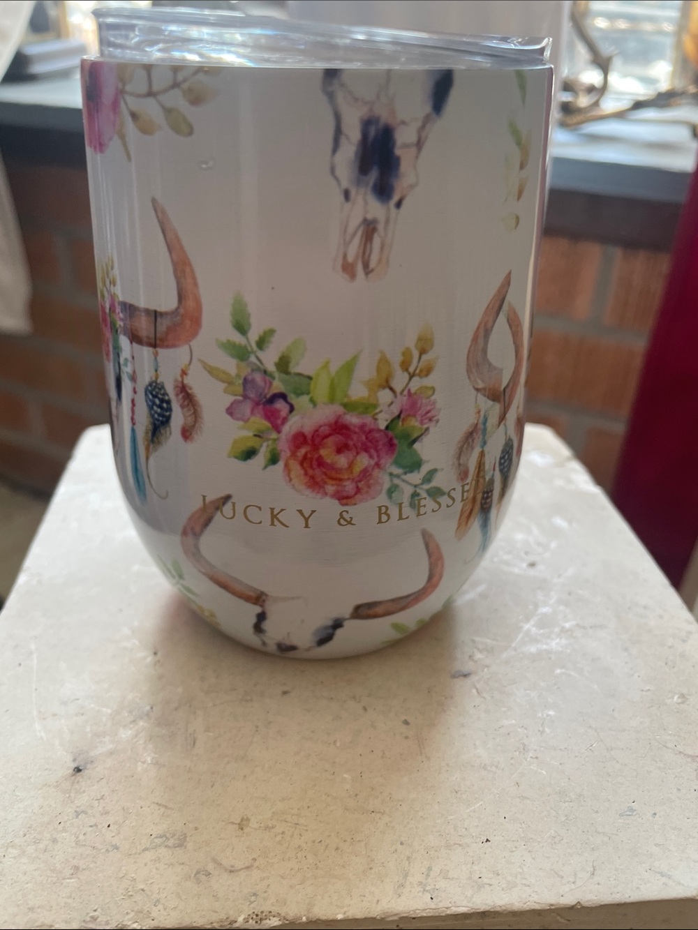 Lucky & Blessed White Floral Bull Stemless Cup - Picture 5 of 6